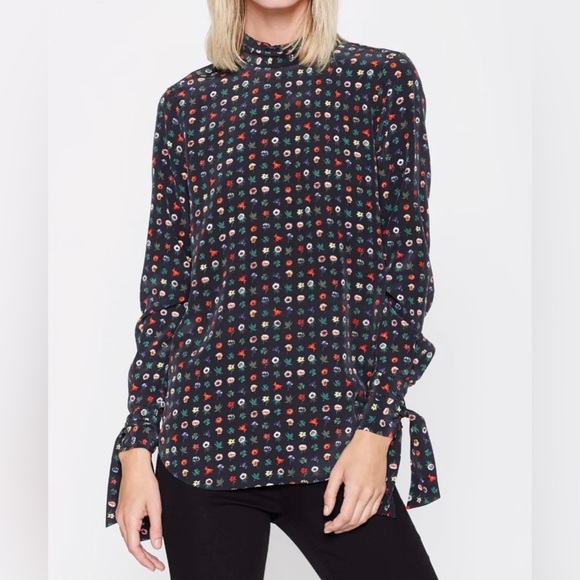 Equipment France Aurora multi floral black silk blouse mock neck bow top XL - Picture 10 of 10